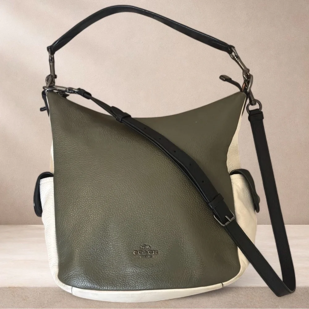 Coach Pennie Colorblock Pebble Leather Shoulder Bag Olive Cream Black